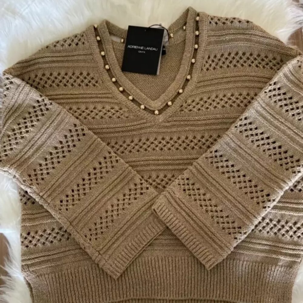 NWT Adrienne Landau Onyx Sweater W/Crystal $109 Sandstone Collection Sz M Tan
